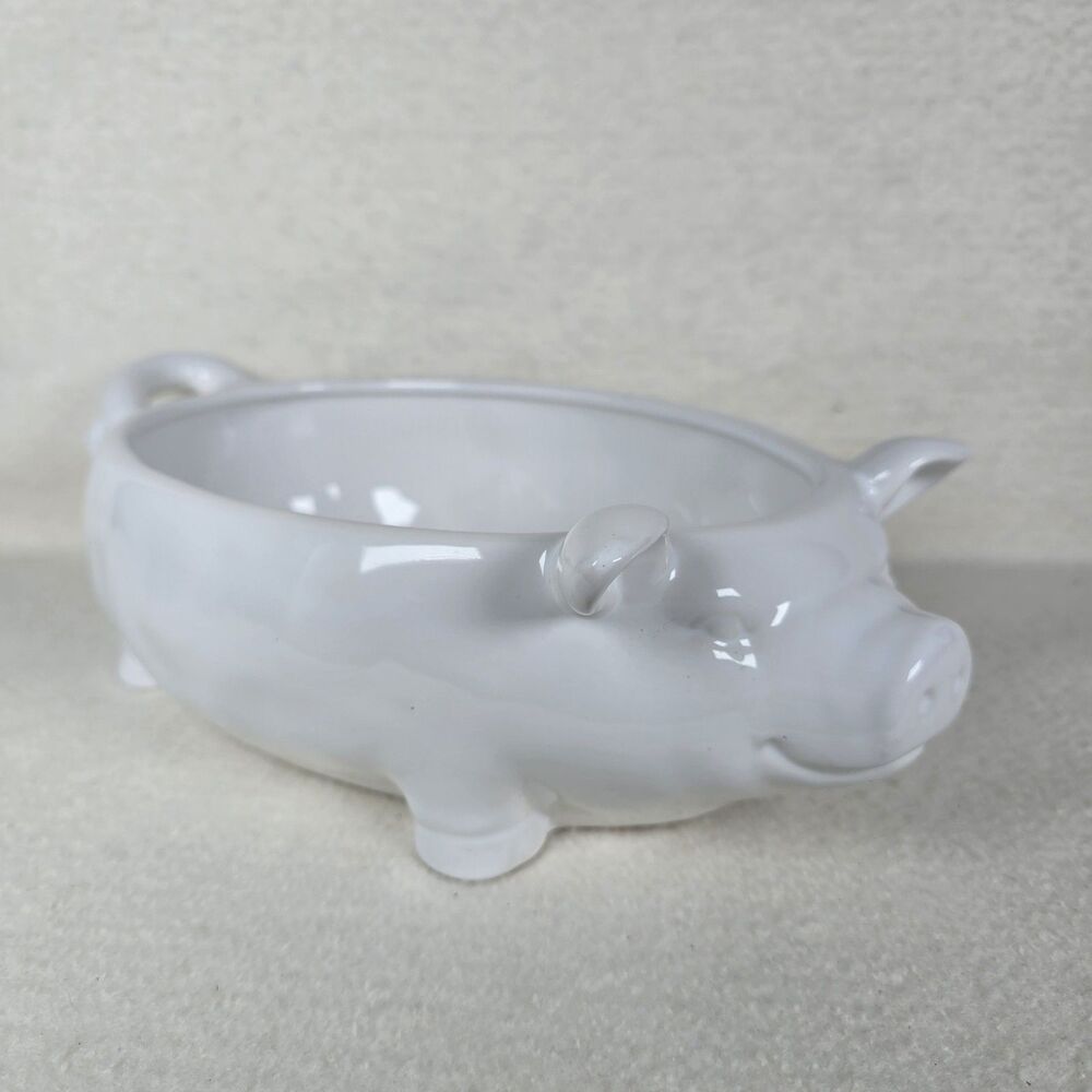 Creative Co-op White Pig Shaped Ceramic Bowl Farmhouse Cottage 13 Inch